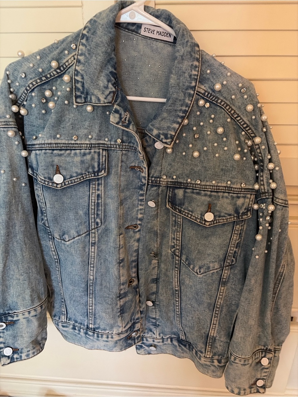 Steve Madden denim jacket with pearl and rhinestone details